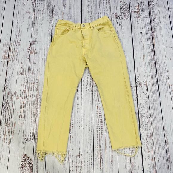 Levi’s 501 Yellow Jeans W32 L26 Raw Hem Distressed Leg Y2K Style 36200-0213 - Picture 1 of 9